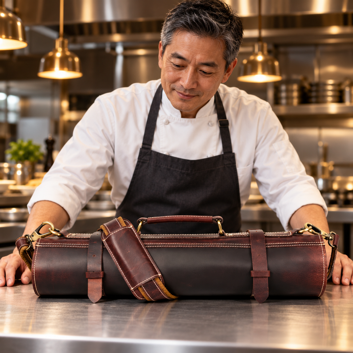 Torino Ranch Leather Chef Knife Roll Walnut Brown 10 Slot (KR-53B)
