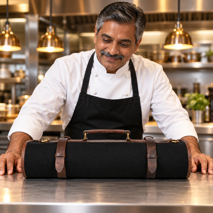 Turin Leather Canvas Chef Knife Roll Raven Black 10 Slot (KR-68)