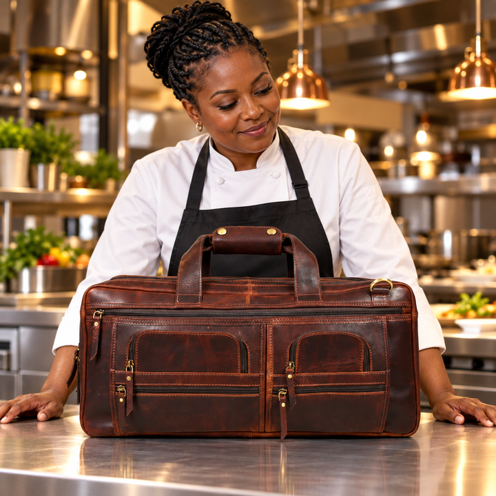 A woman in a white chef's coat and black apron stands behind a large brown leather travel bag with gold-tone hardware in a professional kitchen setting.