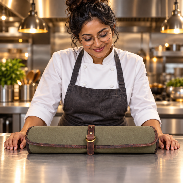 Iris Leather Chef Knife Roll Olive Green 5 Slot (KR-64)