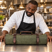 Turin Leather Canvas Chef Knife Roll Olive Green 10 Slot (KR-68A)