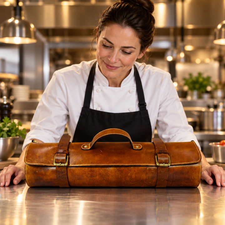 KRC Leather Chef Knife Roll - Caramel Brown 16 Slot (KR-11)