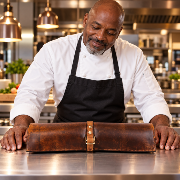 KRC Leather Chef Knife Roll Caramel Brown 6 Slot (KR-88)