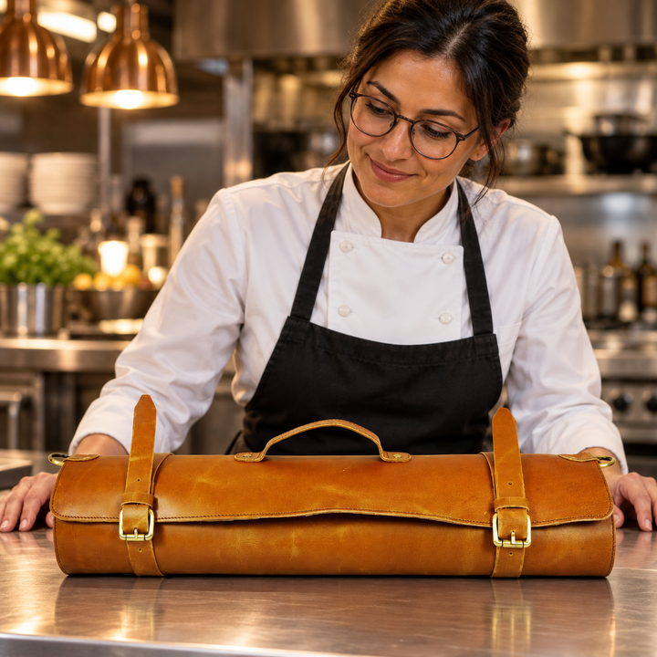 KRC Leather Chef Knife Roll Caramel Brown 8 Slot (KR-15)