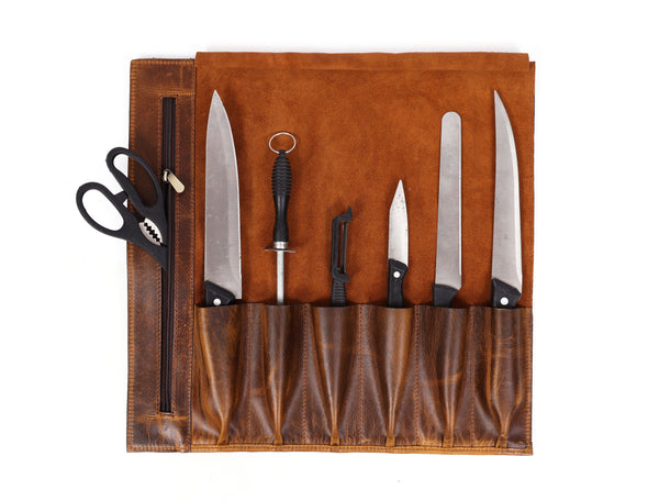 KRC Leather Chef Knife Roll Caramel Brown 6 Slot (KR-88)