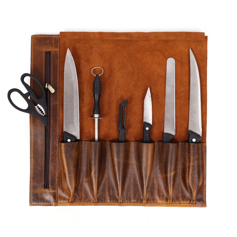 KRC Leather Chef Knife Roll Caramel Brown 6 Slot (KR-88)