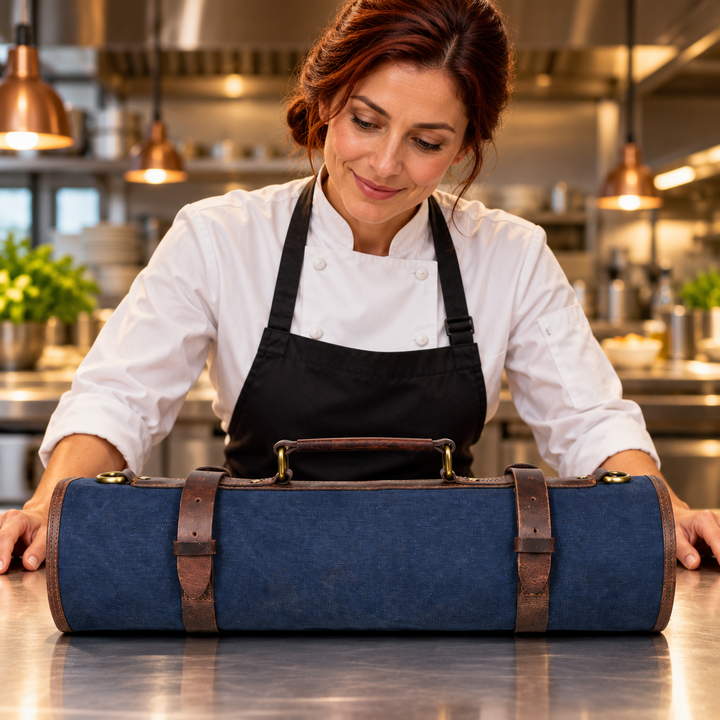 Turin Leather Canvas Chef Knife Roll Abyss Blue 10 Slot (KR-68B)