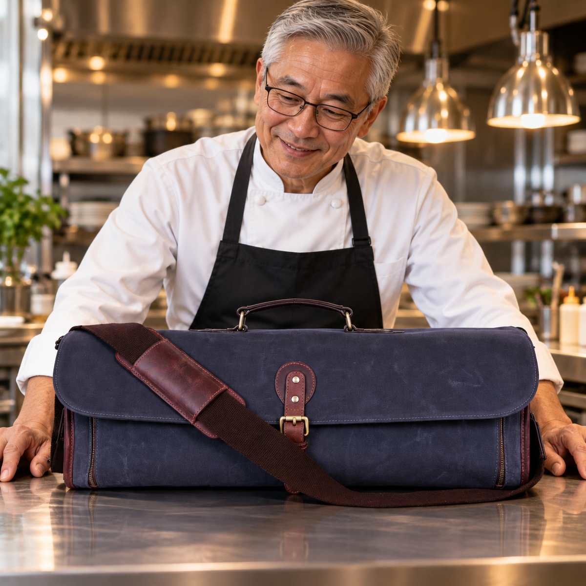 KRC Leather Canvas Chef Knife Roll + Leather Bag Combo 11 Slot (KR-40)