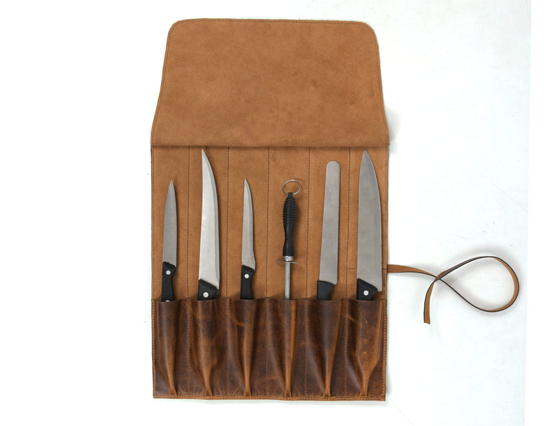 KRC Leather Chef Knife Roll Caramel Brown 6 Slot (KR-21)