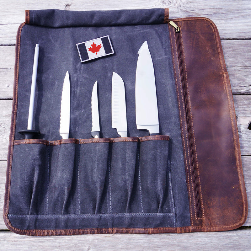 Iris Leather Chef Knife Roll Stress Grey 5 Slot (KR-64)