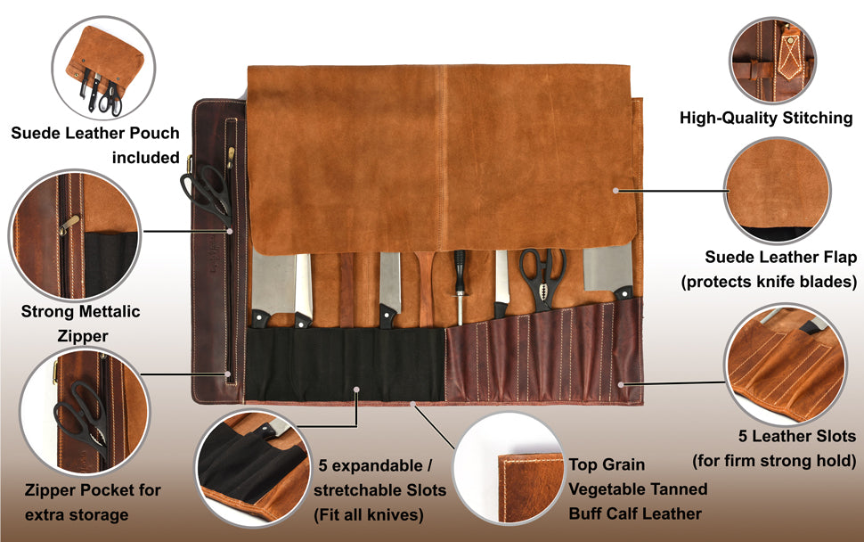 Torino Ranch Leather Chef Knife Roll Stress Brown 10 Slot (KR-53A)