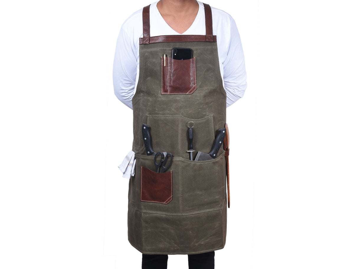Pedro Leather Wax Canvas Apron Olive Green (AP-30A)