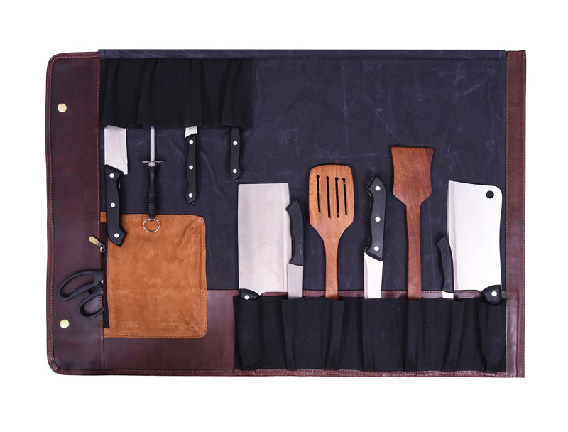 KRC Leather Canvas Chef Knife Roll + Leather Bag Combo 11 Slot (KR-40)