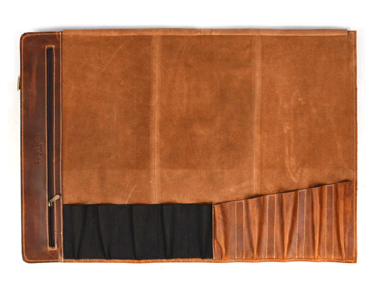 Torino Ranch Leather Chef Knife Roll Stress Brown 10 Slot (KR-53A)