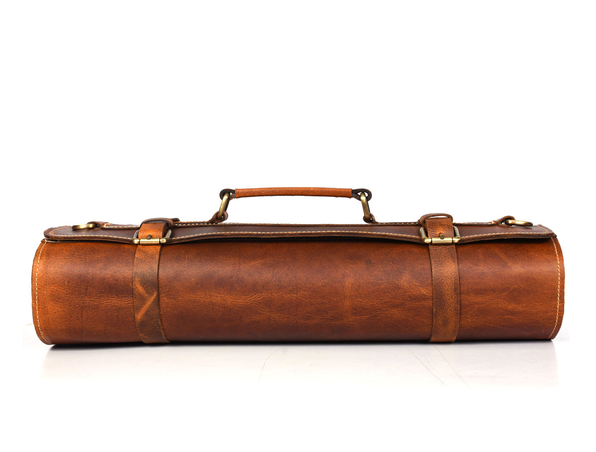 Torino Ranch Leather Chef Knife Roll Stress Brown 10 Slot (KR-53A)