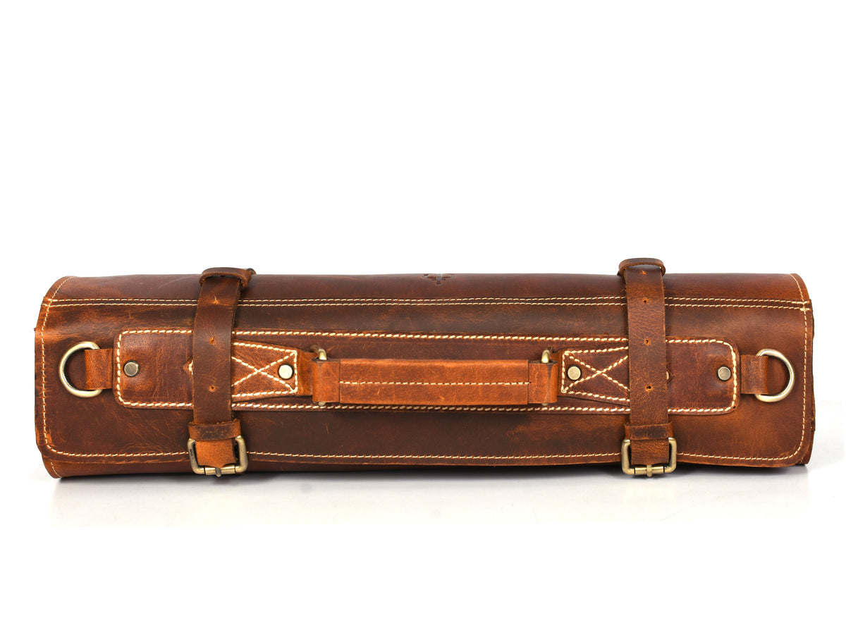 Torino Ranch Leather Chef Knife Roll Stress Brown 10 Slot (KR-53A)