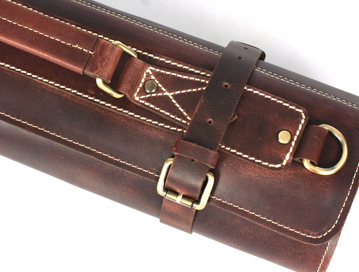 Torino Ranch Leather Chef Knife Roll Walnut Brown 10 Slot (KR-53B)