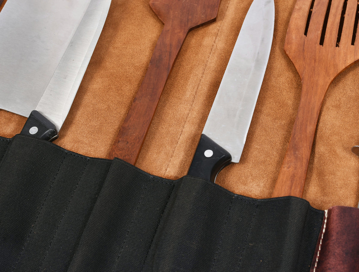 Torino Ranch Leather Chef Knife Roll Stress Brown 10 Slot (KR-53A)