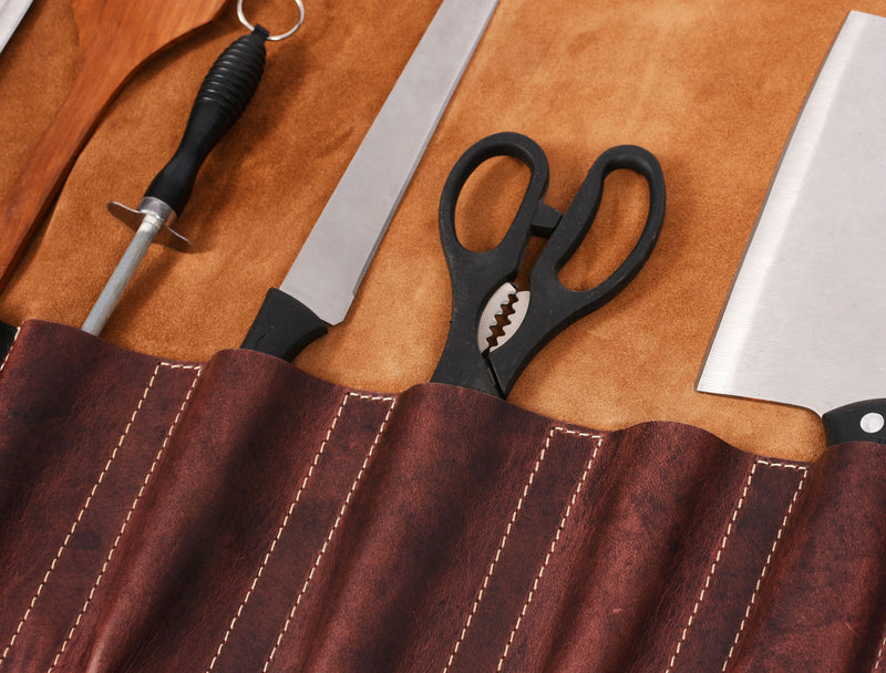 Torino Ranch Leather Chef Knife Roll Walnut Brown 10 Slot (KR-53B)