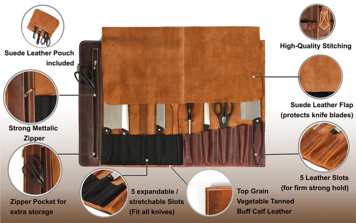 Torino Ranch Leather Chef Knife Roll Walnut Brown 10 Slot (KR-53B)